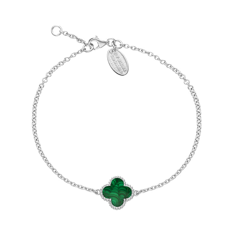 9ct White Gold Malachite Bloom Four Leaf Clover Ball Edge Chain