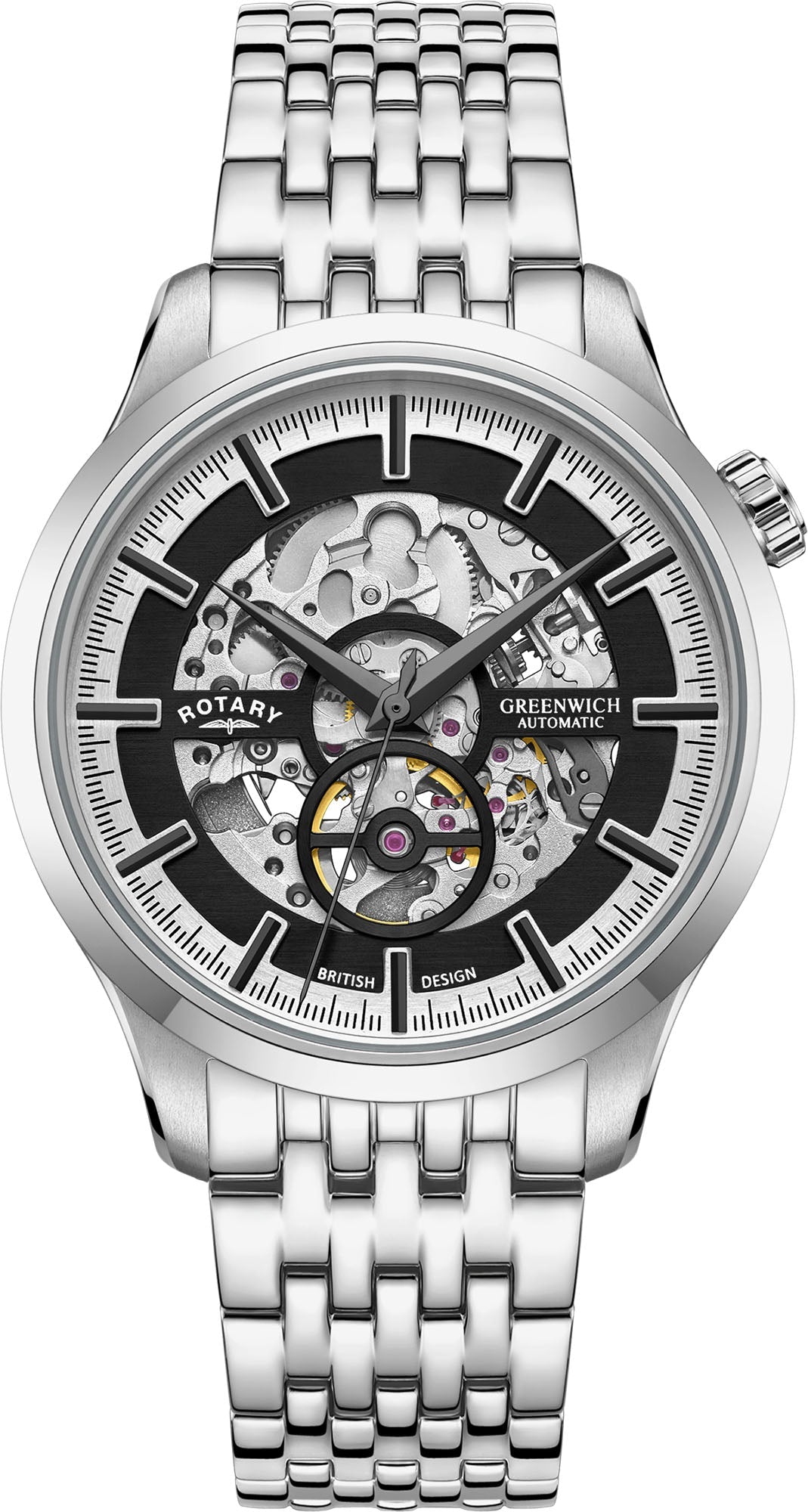 Rotary white stainless hot sale steel skeleton watch