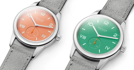 Meet the new NOMOS Glashutte Club Campus Cream Coral & Electric Green Watches