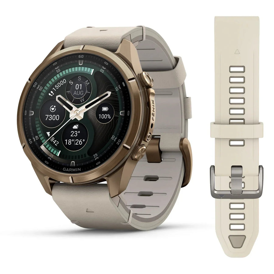 A smartwatch with a round bronze-toned case and a light beige band, shown alongside a separate matching light beige strap on a clean white background. The watch face displays digital watch faces, and the word GARMINER is visible near the bottom of the cas