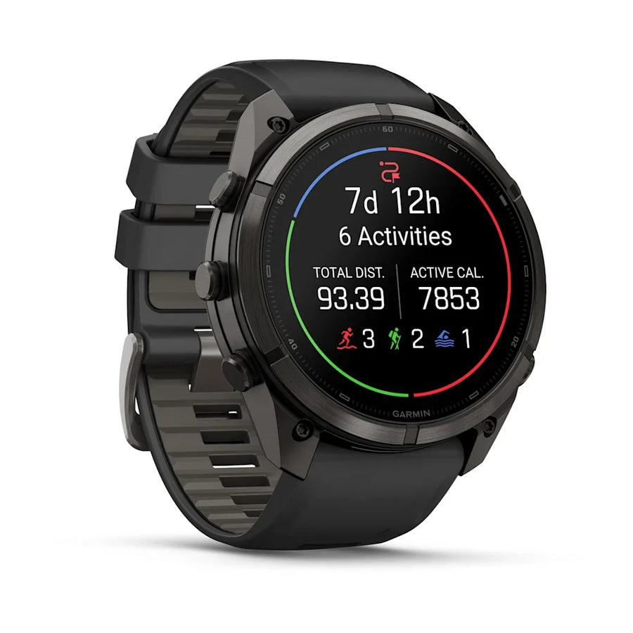 A black Garmin smartwatch with a round display showing fitness metrics, set against a clean white background.